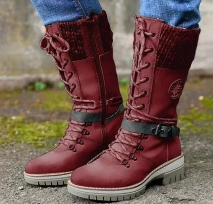 Bottes Mi-Hautes Femme Outdoor Chic à Lacets et Semelle Crantée