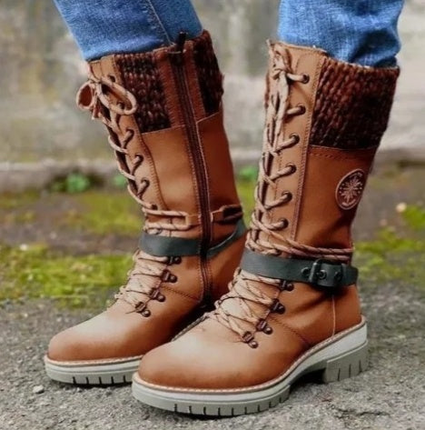 Bottes Mi-Hautes Femme Outdoor Chic à Lacets et Semelle Crantée