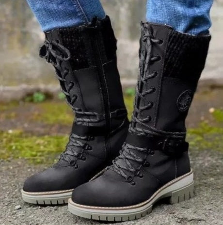 Bottes Mi-Hautes Femme Outdoor Chic à Lacets et Semelle Crantée